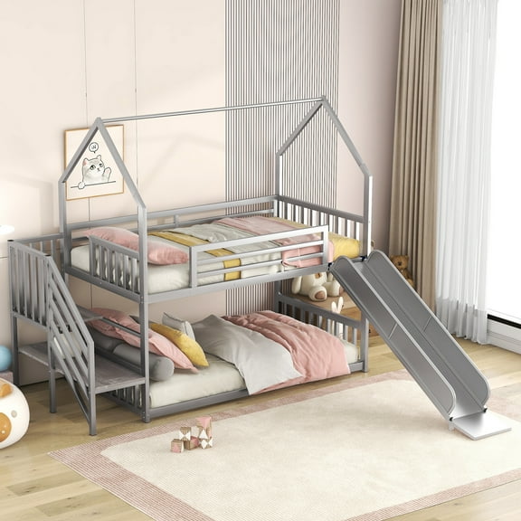 Aukfa Twin over Twin Bunk Bed with Slide, Metal Bunk Bed with Staircase for Kids Teens, House Top - Gray