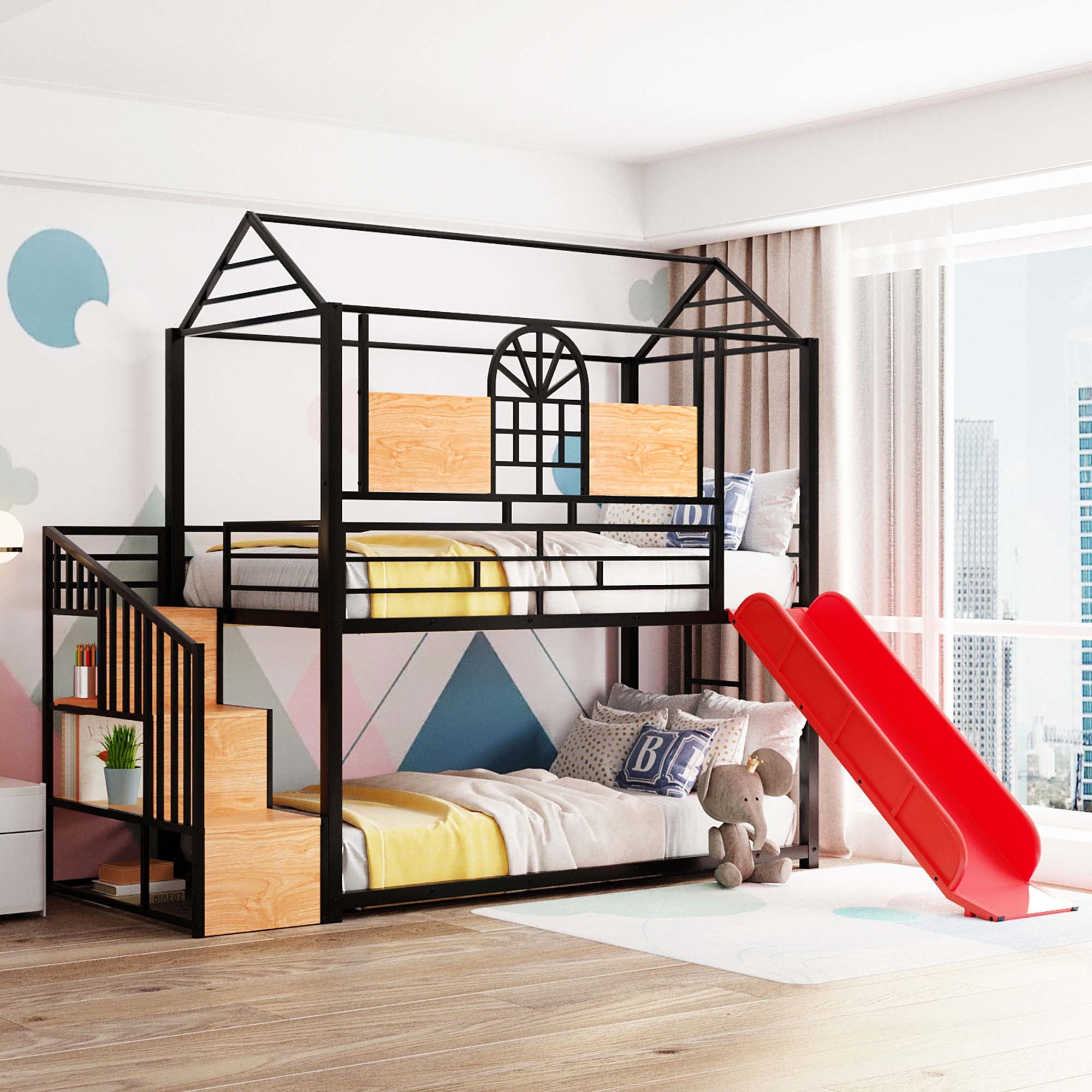 Aukfa Twin over Twin Bunk Bed with Slide, Metal House Bunk Bed with Staircase and Shelves for Kids - Black/Red