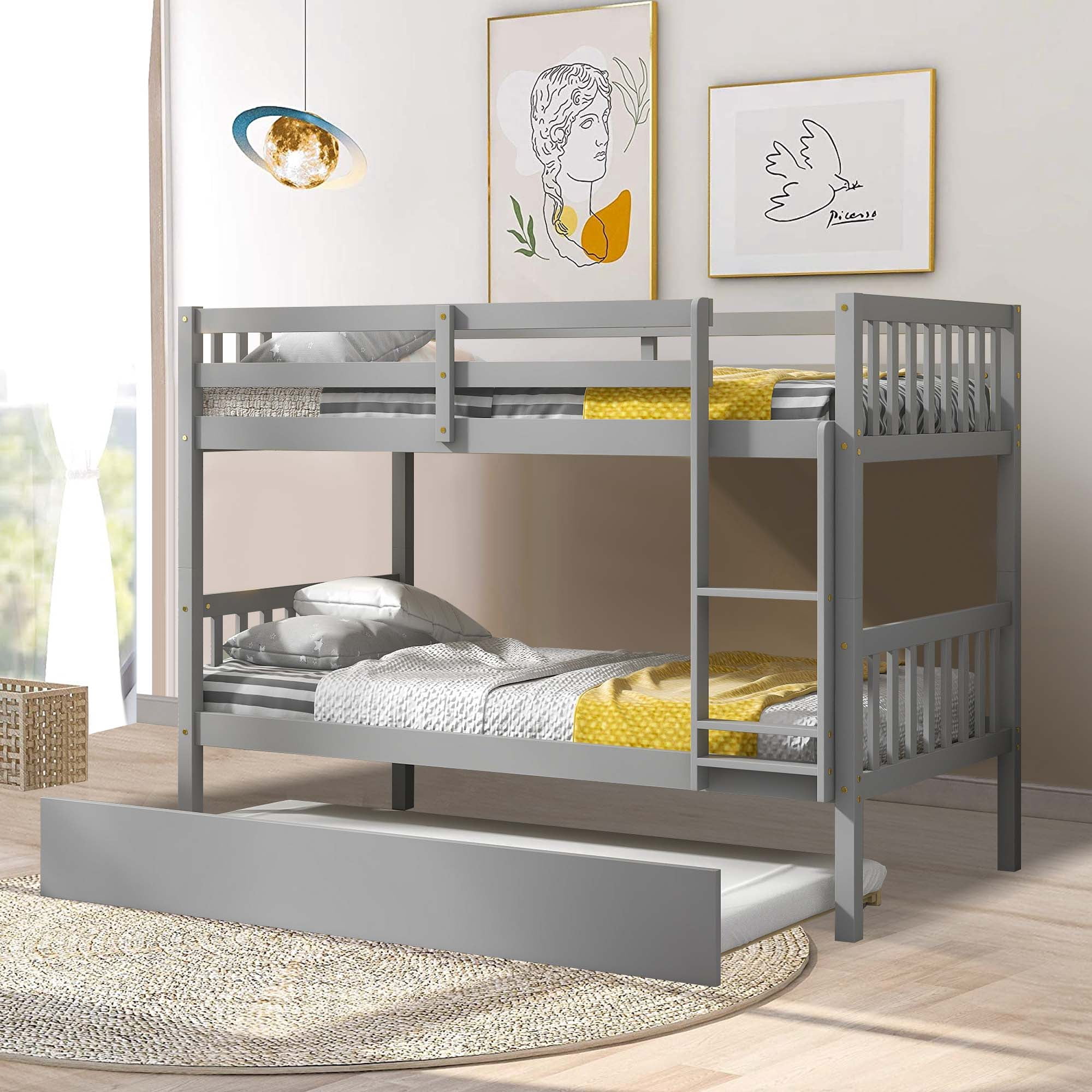 Aukfa Twin over Twin Bunk Bed with Trundle, Wooden Bunk Bed Frame for Kids - Gray