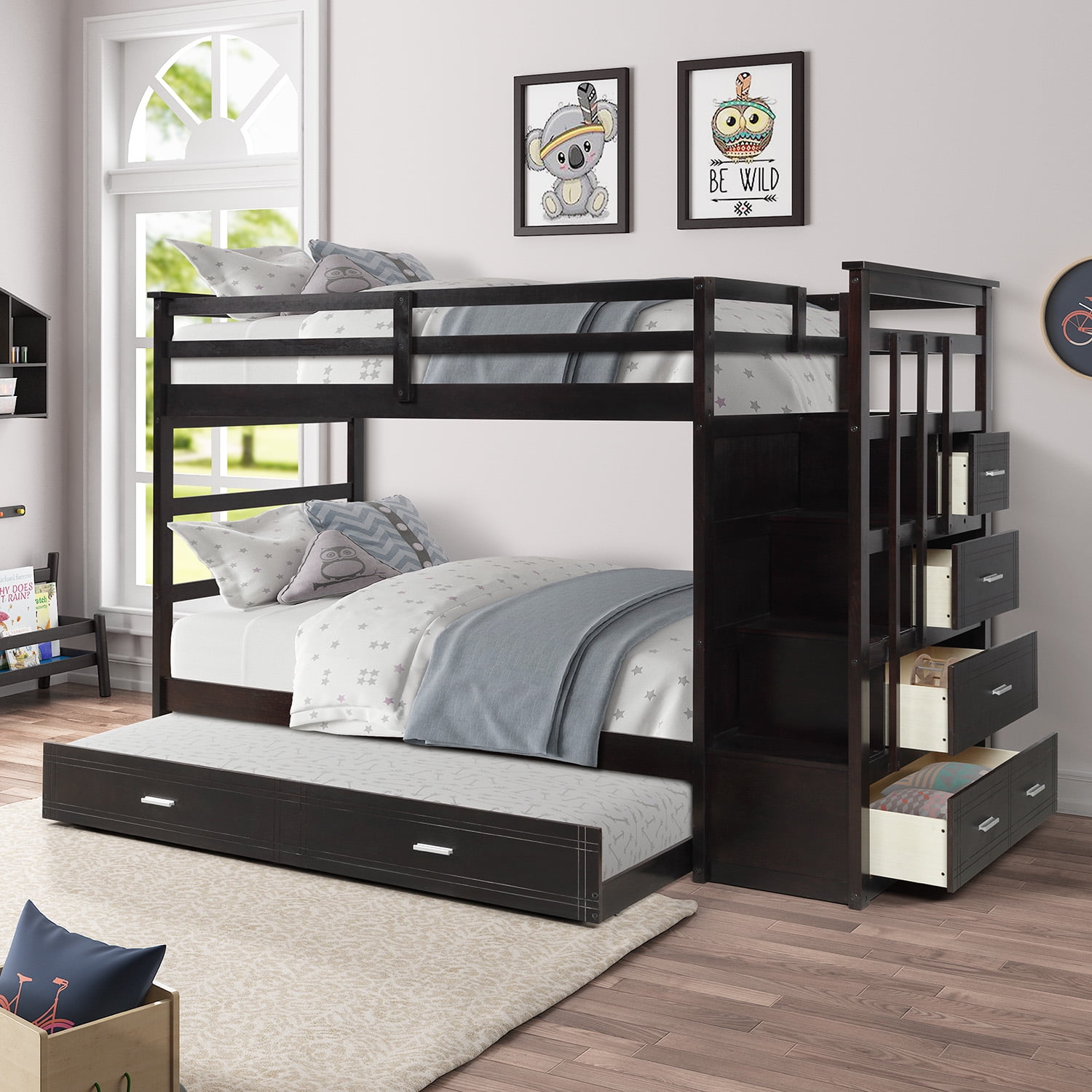Aukfa Twin over Twin Bunk Bed with Trundle and Staircase, Wood Bunk Bed with 4 Storage Drawers for Kids, Teens - Espresso