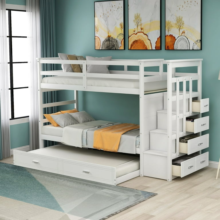 Auka Twin over Twin Bunk Bed with Trundle Staircase