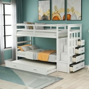 Aukfa Twin over Twin Bunk Bed with Trundle and Staircase, Wood Bunk Bed with 4 Storage Drawers for Kids, Teens - White