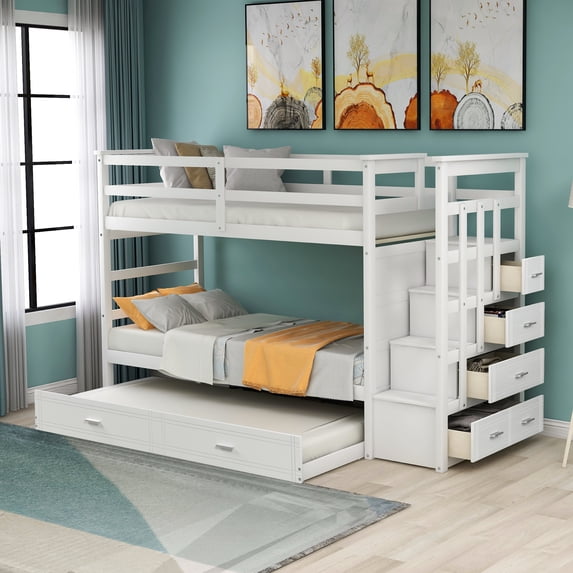 Aukfa Twin over Twin Bunk Bed with Trundle and Staircase, Wood Bunk Bed with 4 Storage Drawers for Kids, Teens - White