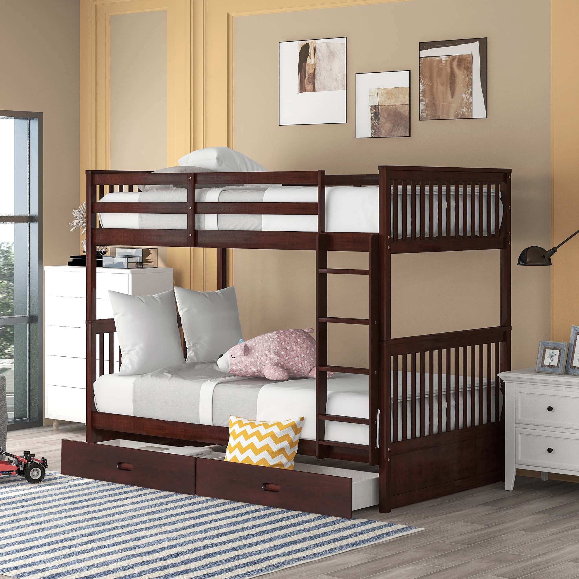 Aukfa Twin over Twin Bunk Bed with Two Storage Drawers, Wood Convertible Two Bed for Kids Teens - Espresso