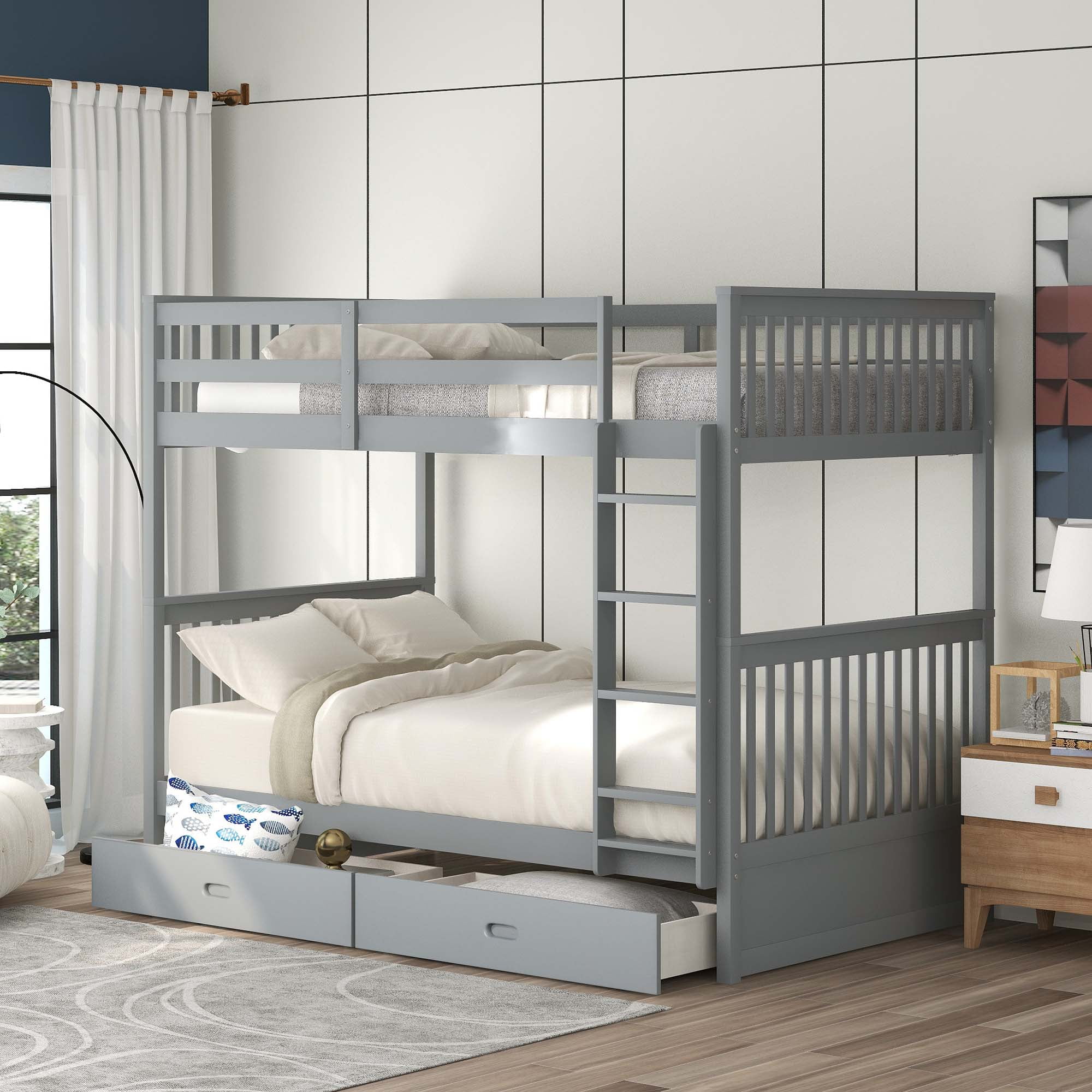Aukfa Twin over Twin Bunk Bed with Two Storage Drawers, Wood Convertible Two Bed for Kids Teens - Gray