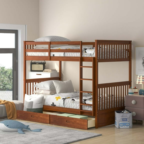 Aukfa Twin over Twin Bunk Bed with Two Storage Drawers, Wood Convertible Two Bed for Kids Teens - Walnut