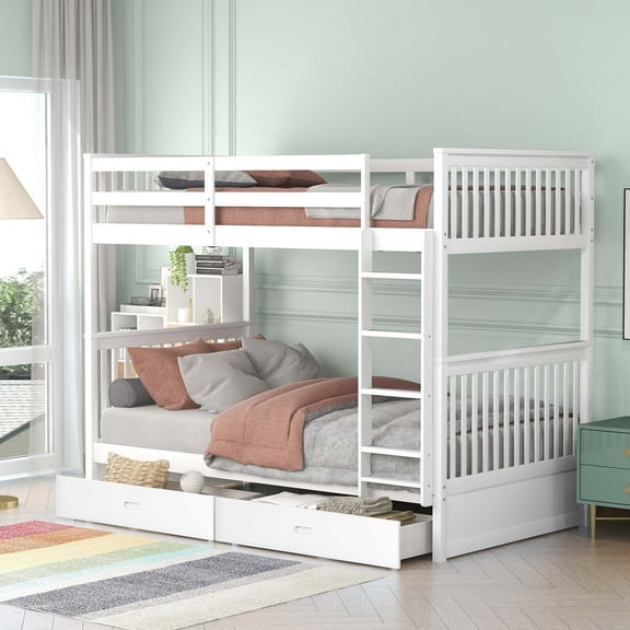 Aukfa Twin over Twin Bunk Bed with Two Storage Drawers, Wood Convertible Two Bed for Kids Teens - White