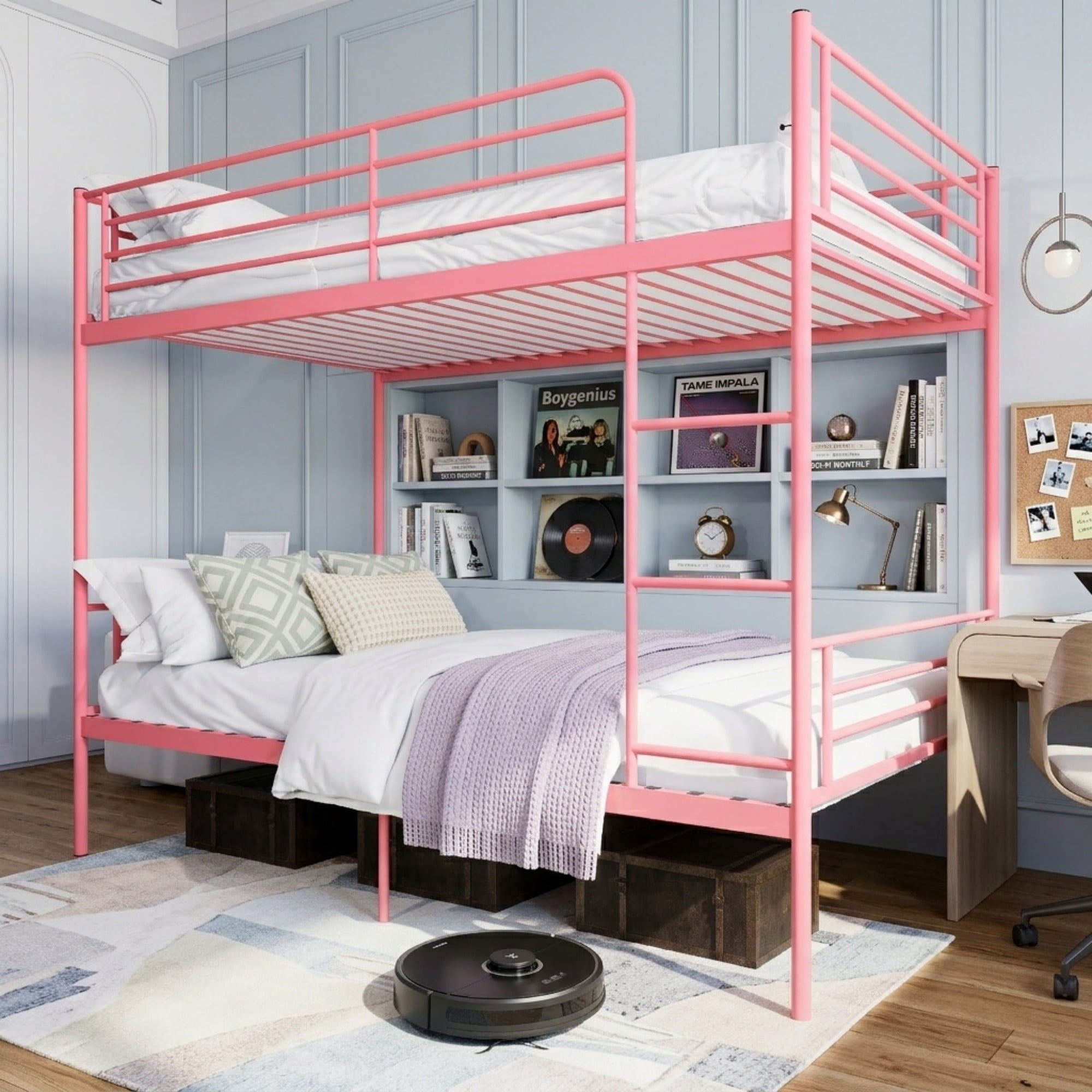 Aukfa Twin over Twin Metal Bunk Bed, Heavy Duty Convertible Bunk Bed Frame Separates into 2 Twin Beds, Pink