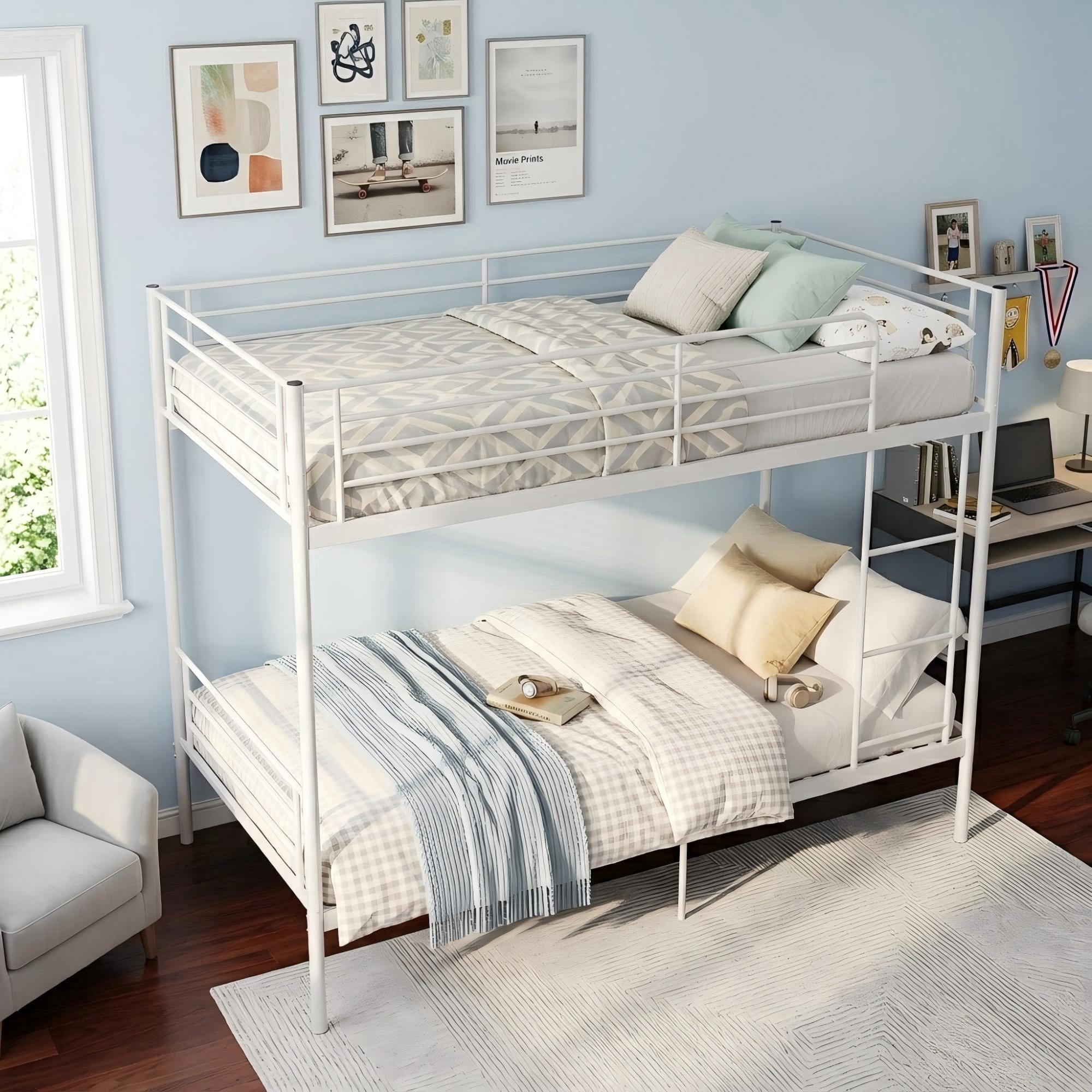 Aukfa Twin over Twin Metal Bunk Bed, Heavy Duty Convertible Bunk Bed Frame Separates into 2 Twin Beds, White
