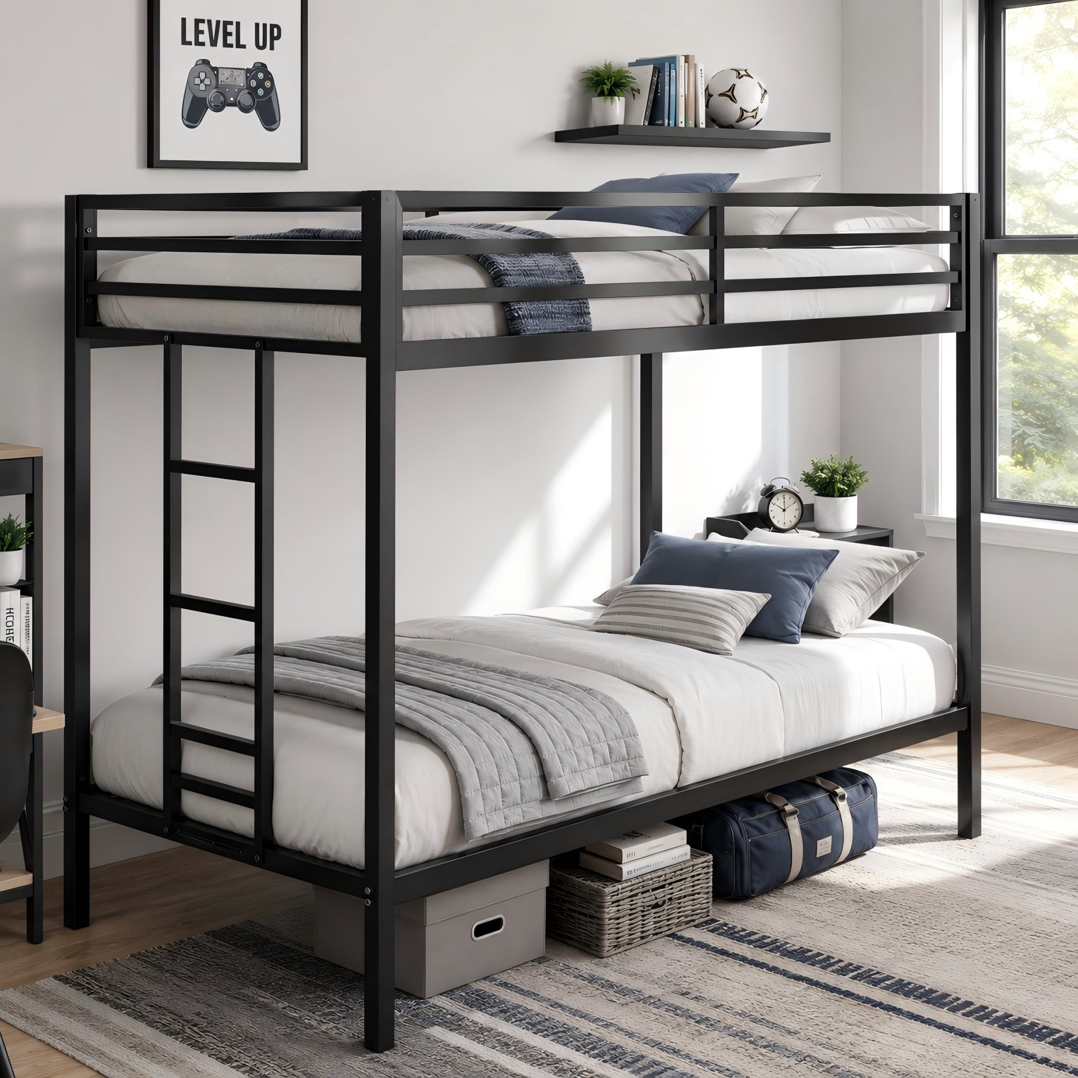 Aukfa Twin over Twin Metal Bunk Bed with Guardrails and Reversible Ladder for Kids, Black