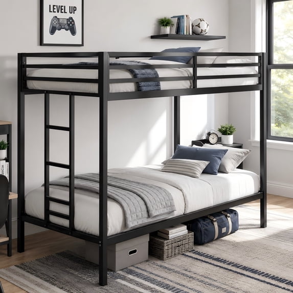 Aukfa Twin over Twin Metal Bunk Bed with Guardrails and Reversible Ladder for Kids, Black