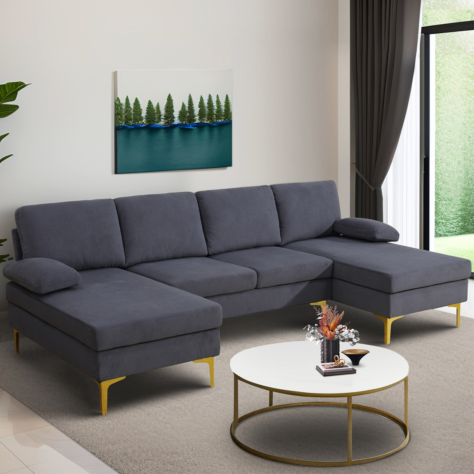 Aukfa U-Shape Sectional Sofa for Living Room, Deep Seat Sleeper Couch, Pillow Top Arm, Flannel, Gray