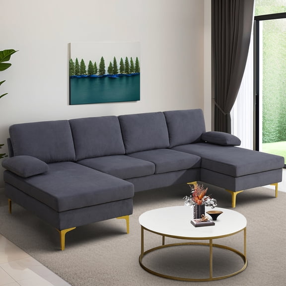 Aukfa U-Shape Sectional Sofa for Living Room, Deep Seat Sleeper Couch, Pillow Top Arm, Flannel, Gray