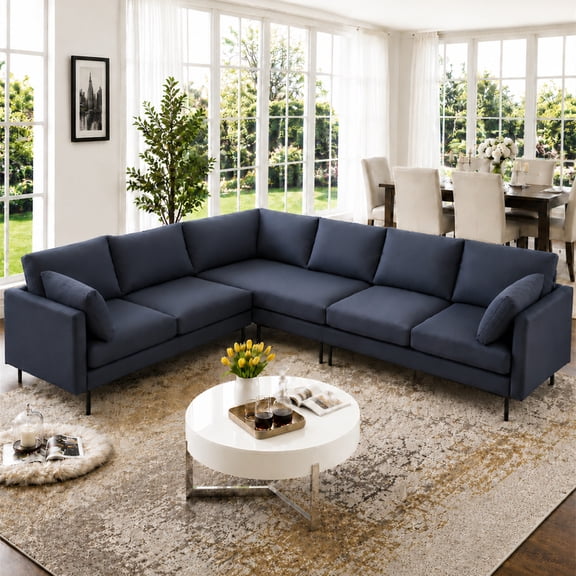 Aukfa 6-Seater L Shaped Sectional Sofa Couch for Living Room, 2Pillows, Linen, Black Gray