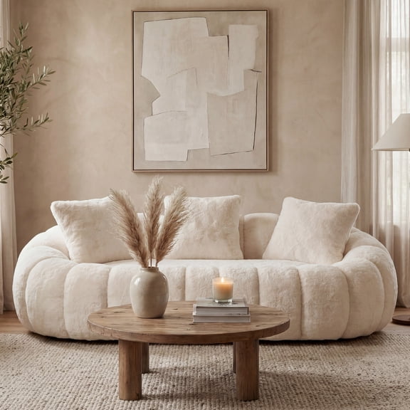 Aukfa Ultra-Soft Faux Fur Loveseat, 75.5" Floral Shaped Bean Bag Sofa with 28.5" Deep Seat for Living Room & Bedroom, Beige