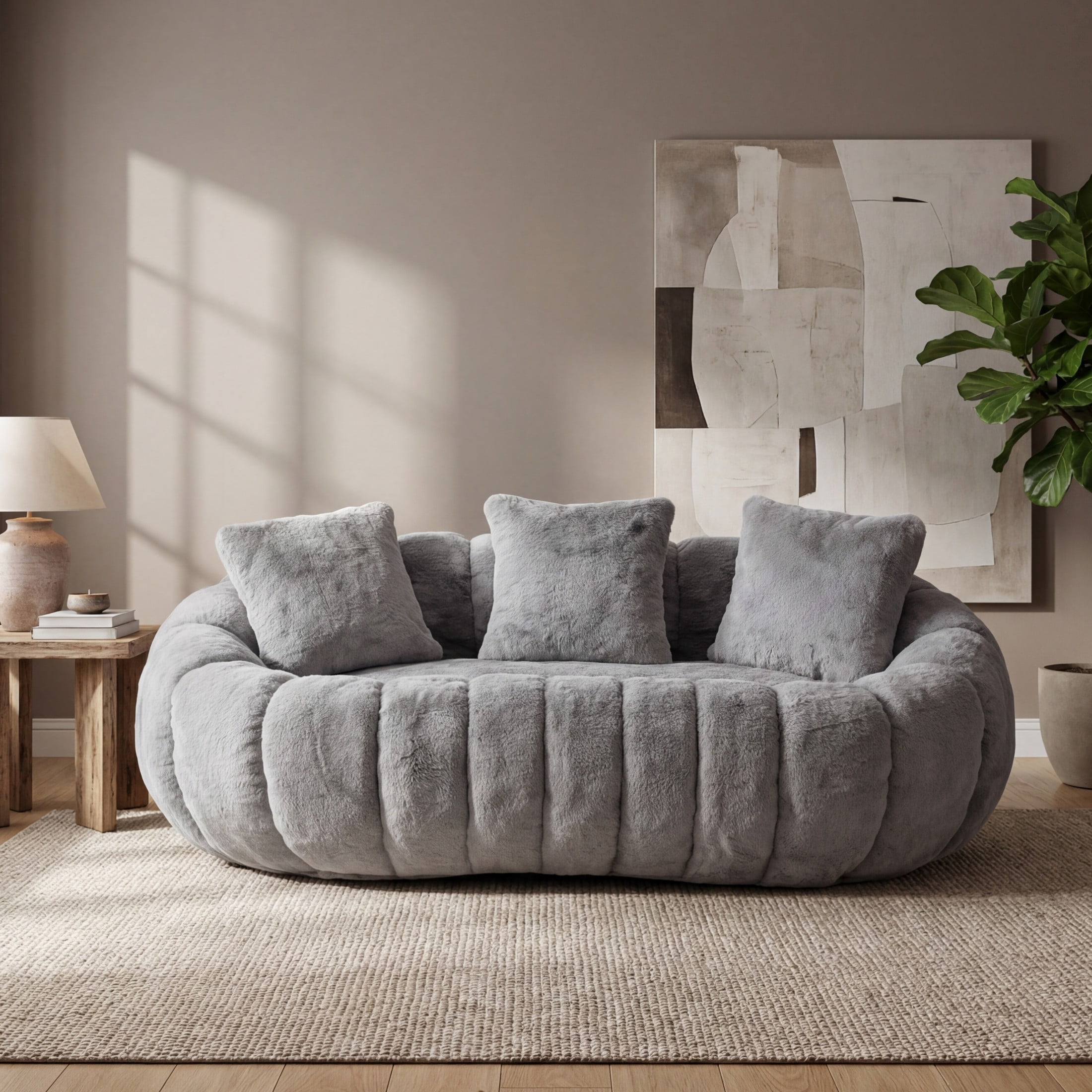 Aukfa Ultra-Soft Faux Fur Loveseat, 75.5" Floral Shaped Bean Bag Sofa with 28.5" Deep Seat for Living Room & Bedroom, Gray