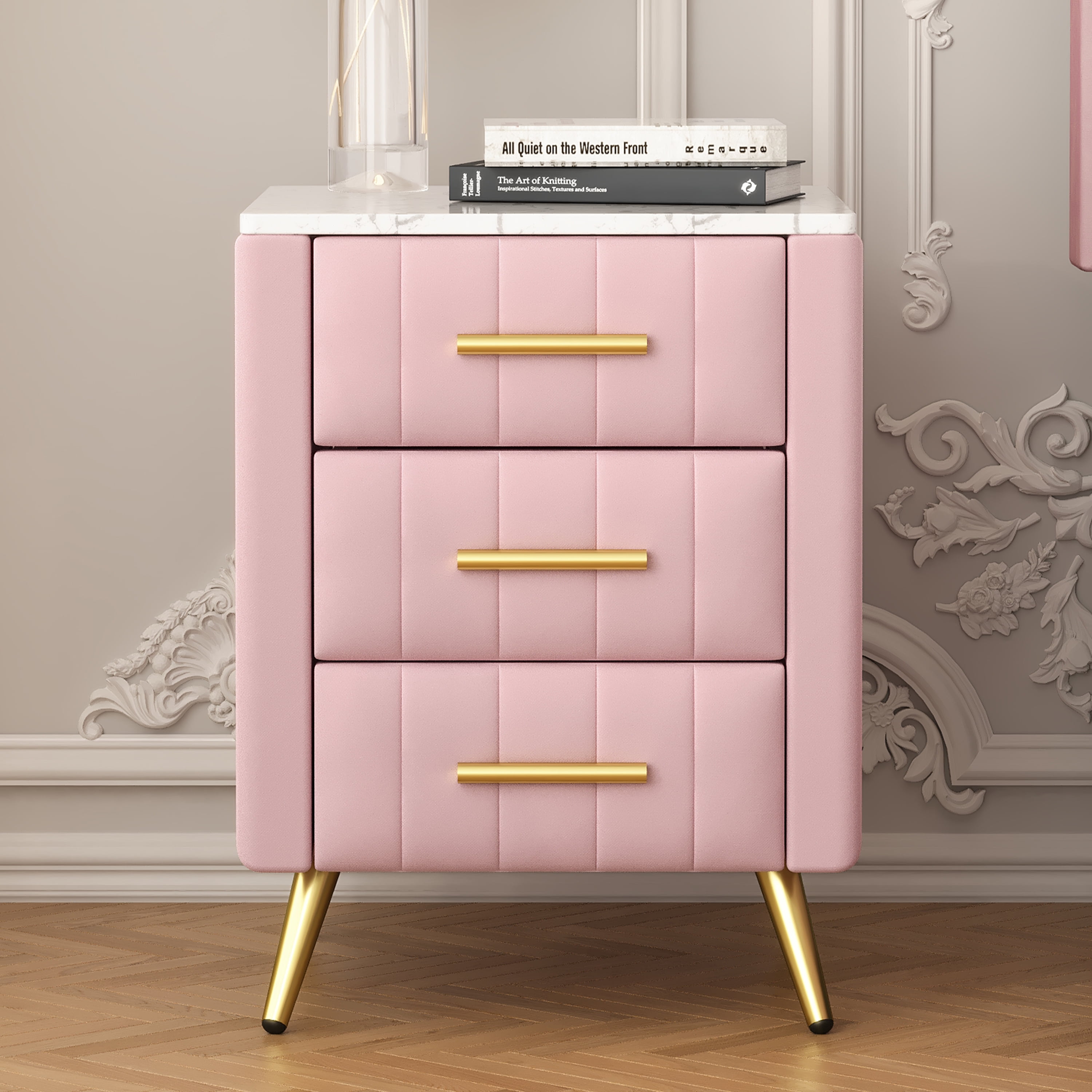 Aukfa Upholstered 3-Drawer Nightstand with Marble Top, Velvet Bedside Table for Bedroom/Living Room,Pink