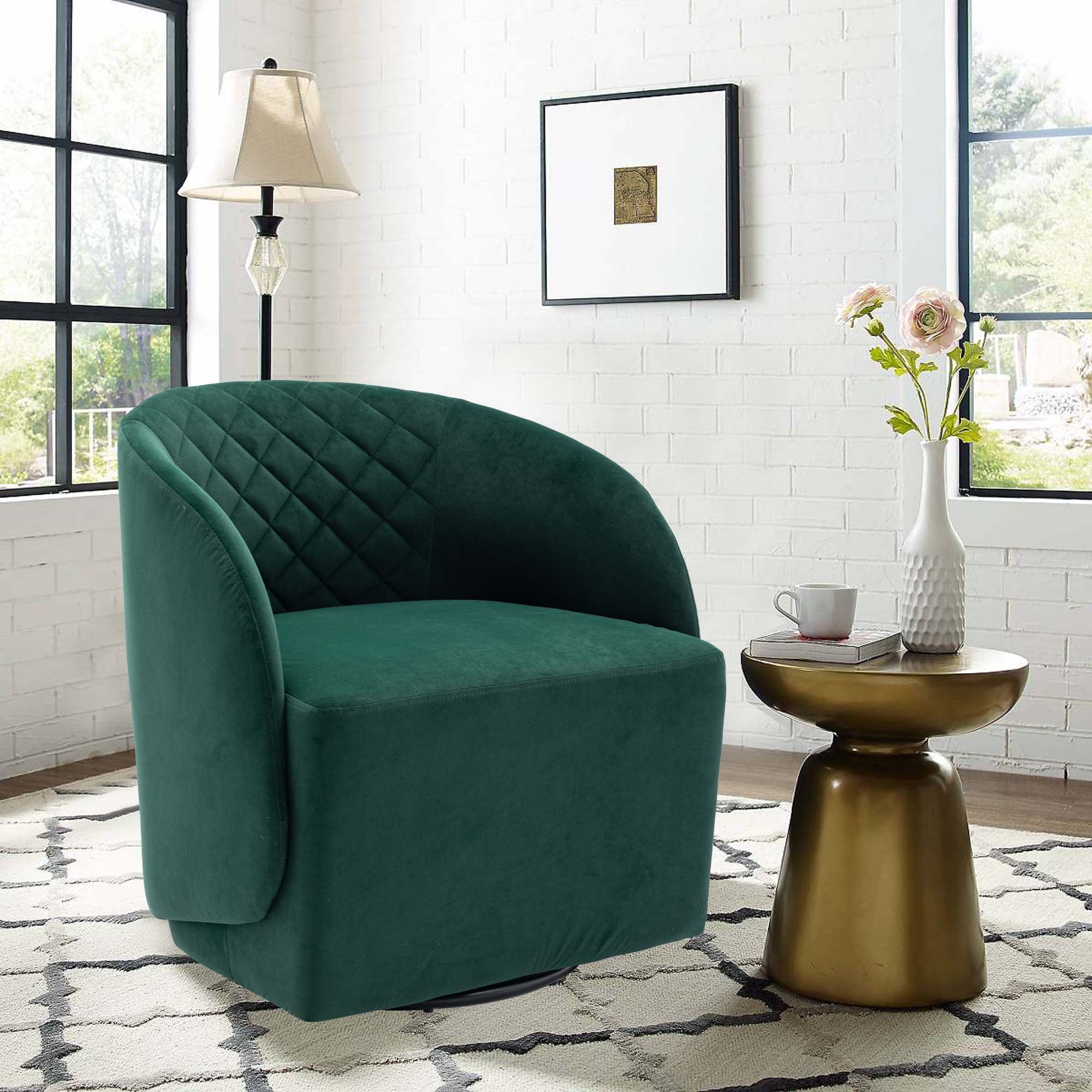 Green Velvet Upholstered Accent Swivel Chair Barrel Living Room