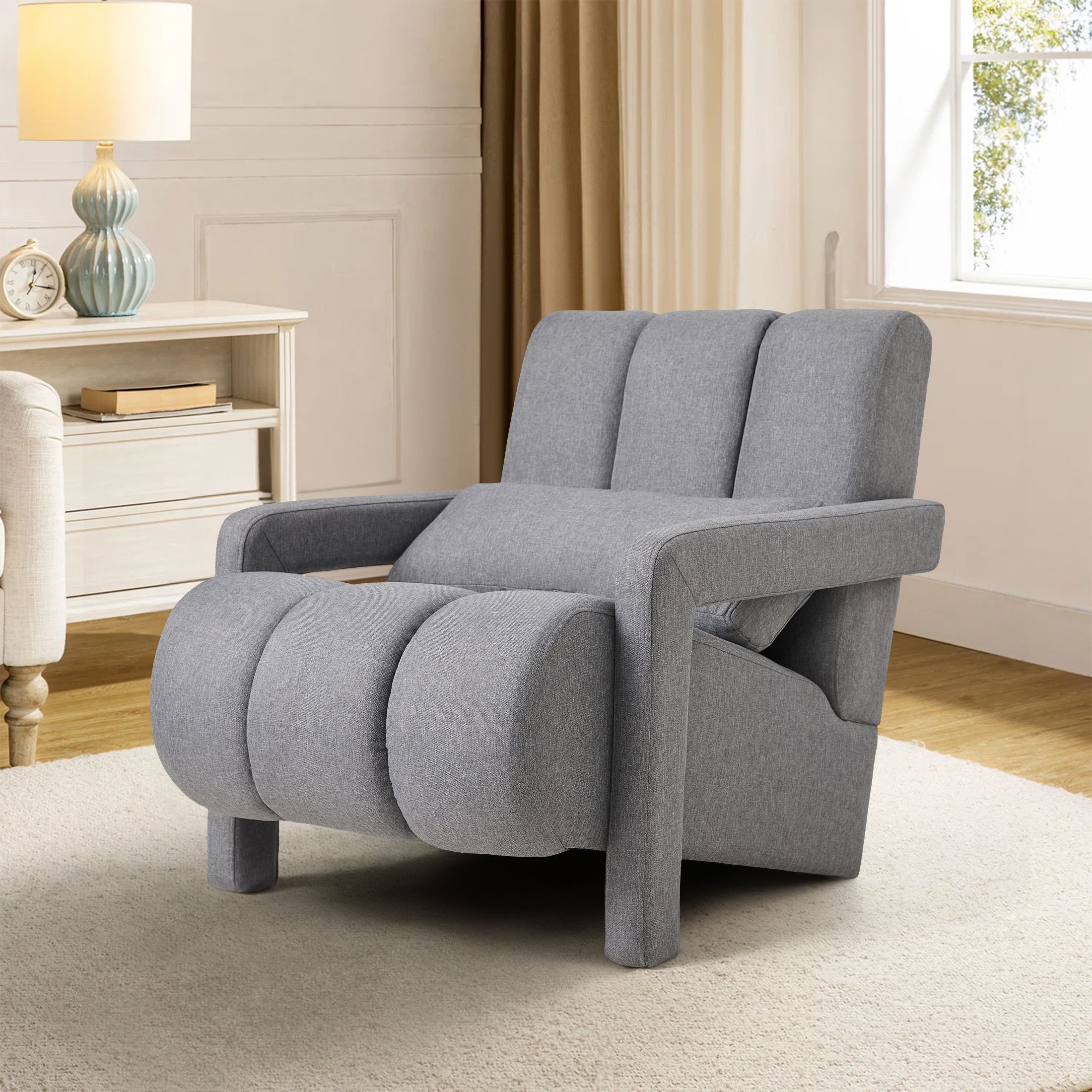 Aukfa Upholstered Accent Chair with Pillow, Mid Century Armchair for Living Room Bedroom, Linen, Gray