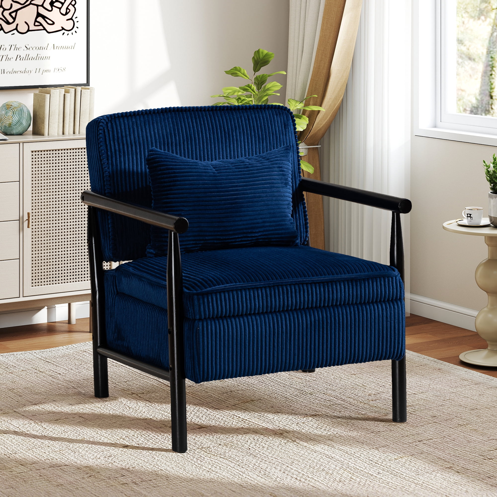 Aukfa Upholstered Accent Chair with Storage Seat & Waist Cushion, High-Density Lounge Armchair for Living Room Bedroom,Blue