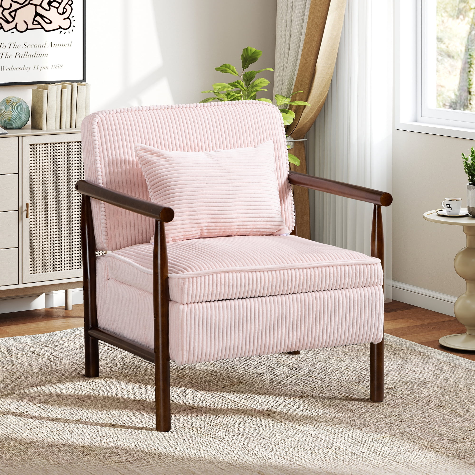 Aukfa Upholstered Accent Chair with Storage Seat & Waist Cushion, High-Density Lounge Armchair for Living Room Bedroom,Pink