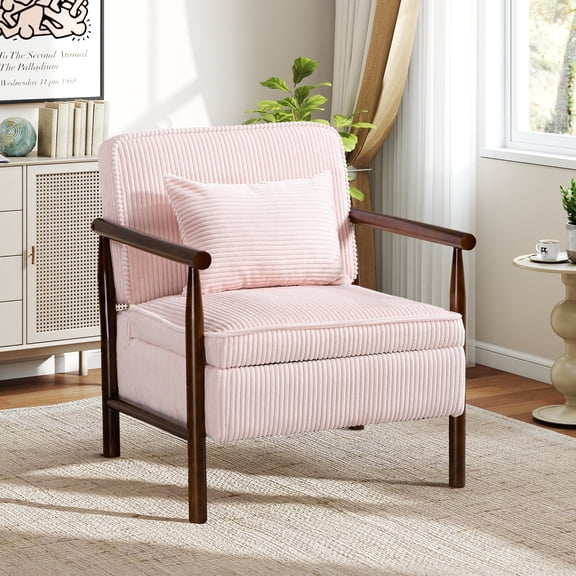 Aukfa Upholstered Accent Chair with Storage Seat & Waist Cushion, High-Density Lounge Armchair for Living Room Bedroom,Pink