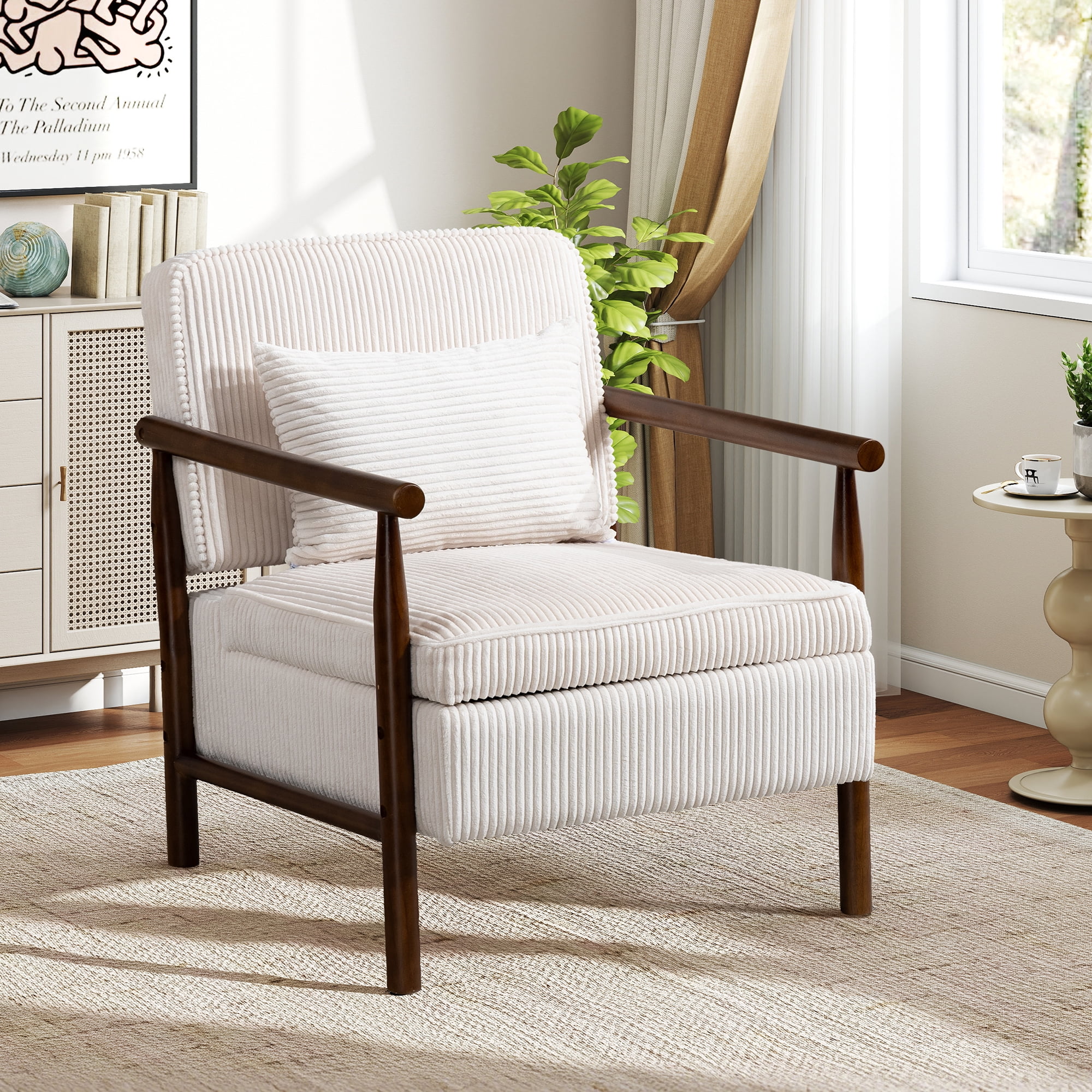 Aukfa Upholstered Accent Chair with Storage Seat & Waist Cushion, High-Density Lounge Armchair for Living Room Bedroom,White