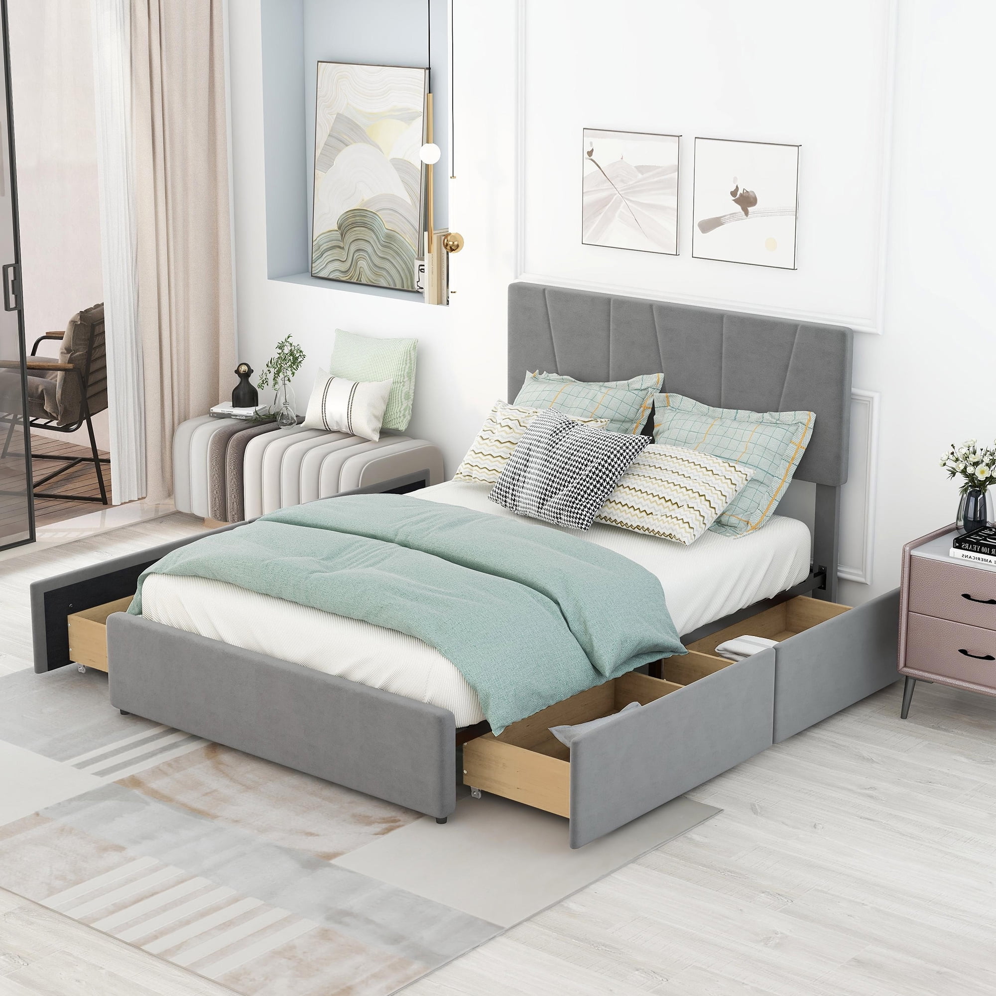 Aukfa Upholstered Bed Frame with 4 Storage Drawers, Velvet Full Bed ...