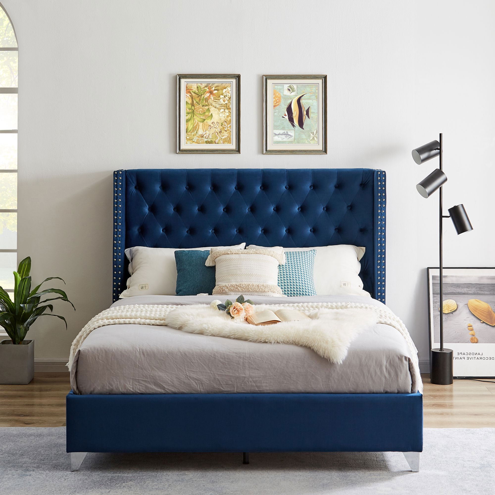 Aukfa Upholstered Bed - Wood Platform Bed Frame with Tufted Headboard ...