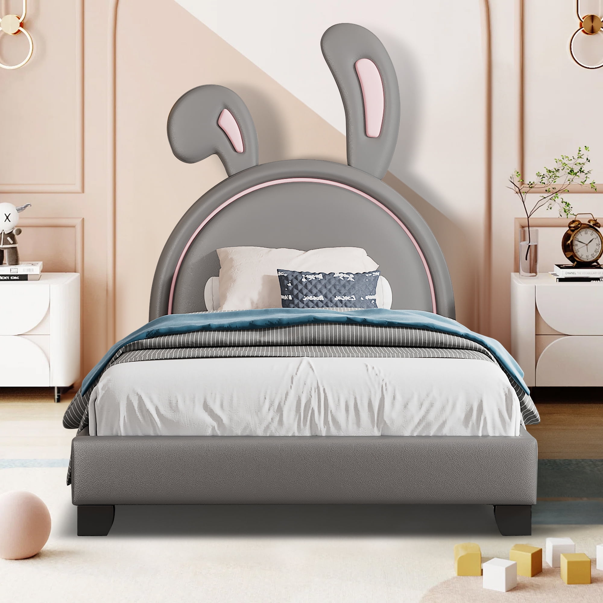 Aukfa Upholstered Bed with Bunny Ears Headboard for Kids, Faux Leather Twin Platform Bed Frame, Gray