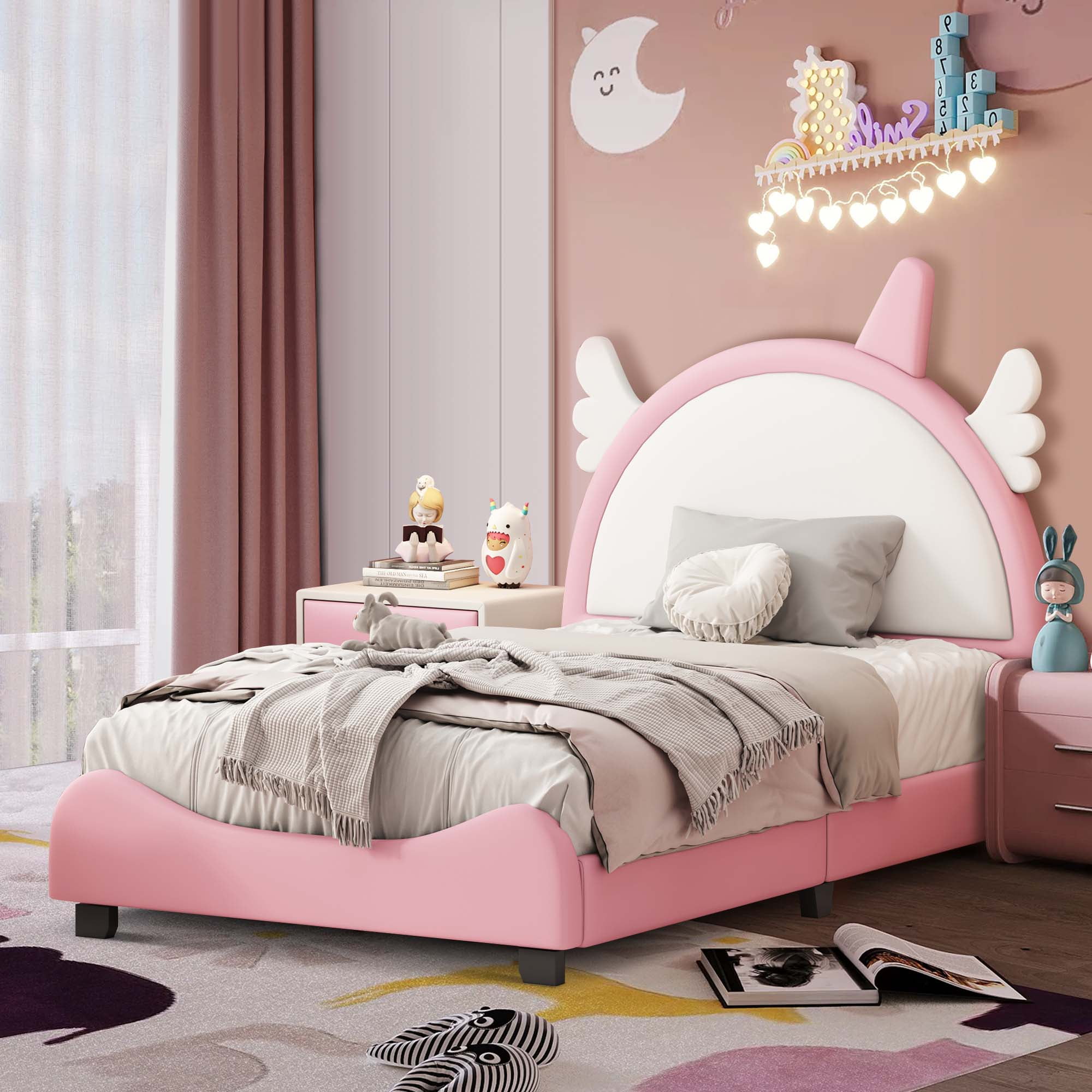 Aukfa Upholstered Bed with Unicorn Horn Headboard for Kids, PU Twin ...
