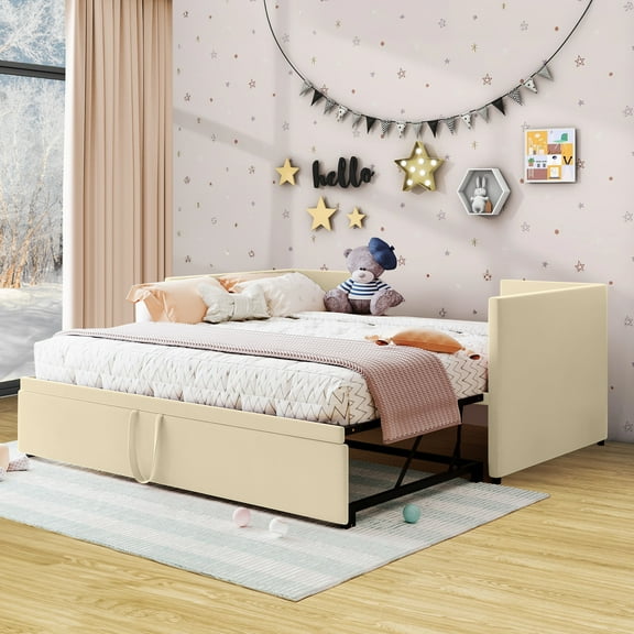 Aukfa Kids Upholstered Extendable Twin-to-King Daybed with Trundle, Beige