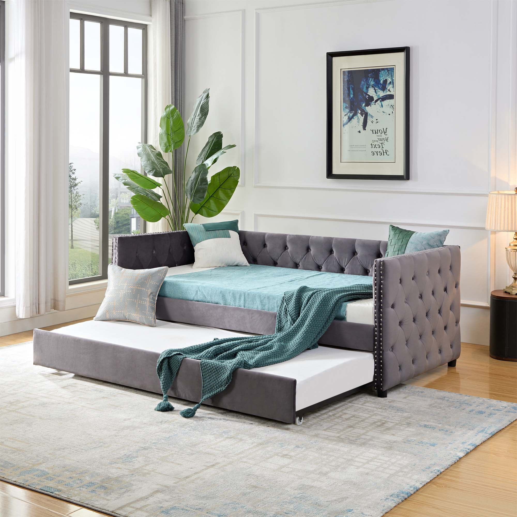 Aukfa Upholstered Daybed with Trundle, Twin Trundle Bed, Button Tufted - Gray
