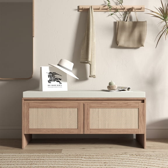 Aukfa Upholstered Entryway Shoe Storage Bench with Faux Rattan Cabinet Doors for Hallway/Bedroom/Living Room,Natural