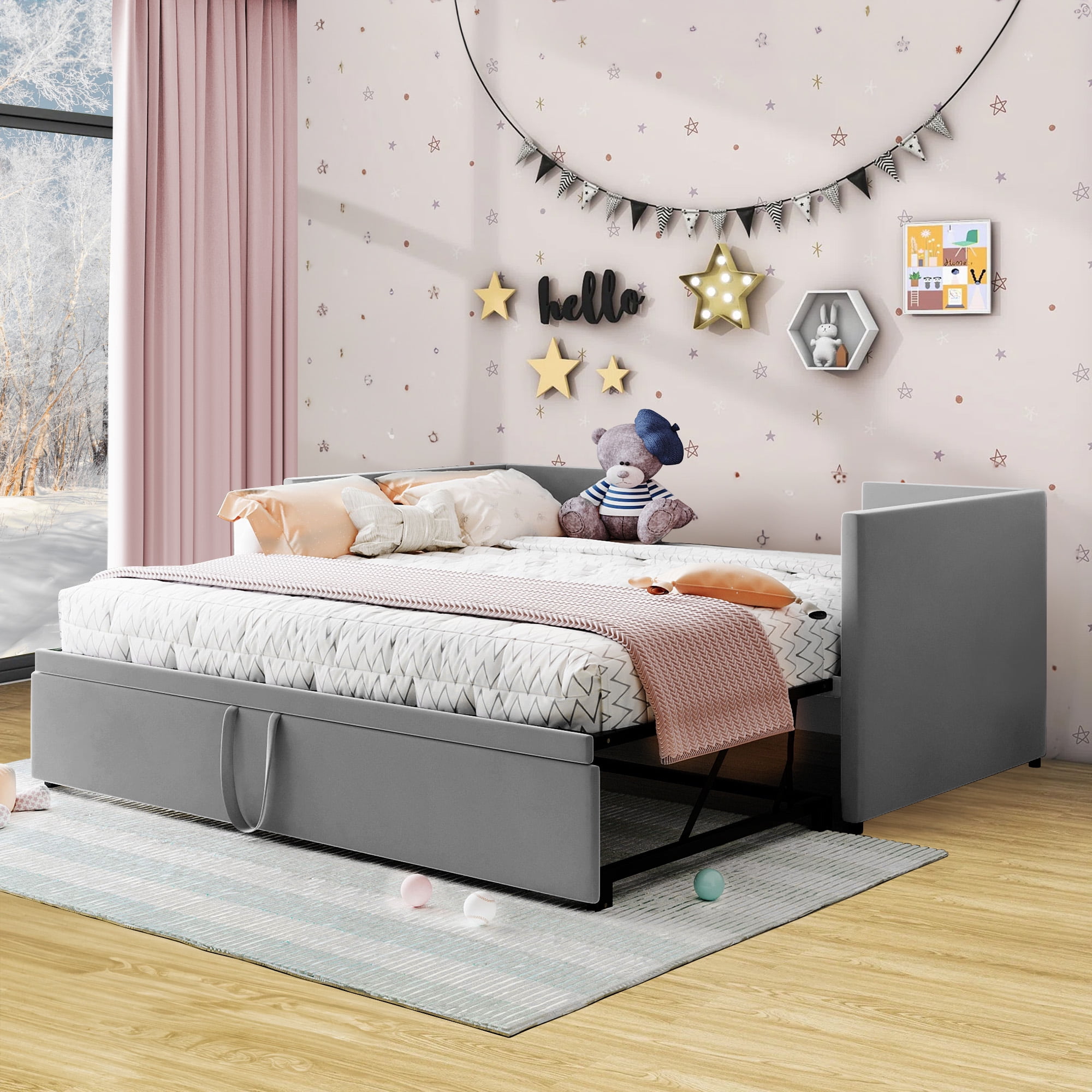 Aukfa Upholstered Expandable Twin-to-King Daybed with Trundle, Gray