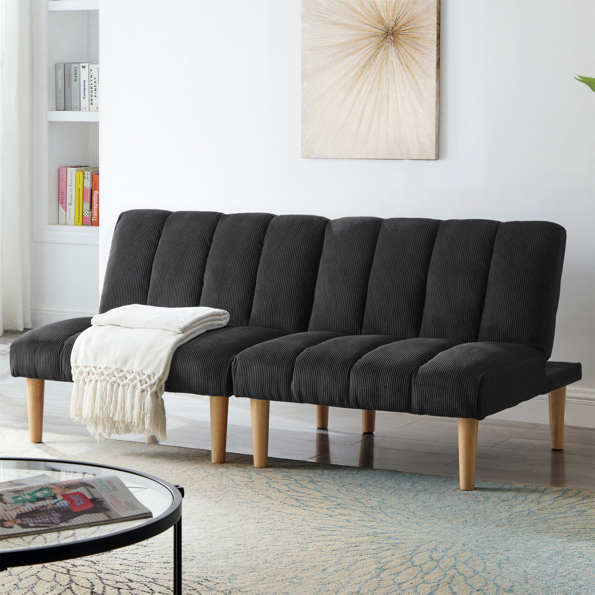 Aukfa Upholstered Futon Convertible Sofa Bed 8 Legs Futon Couch, Corduroy, Black