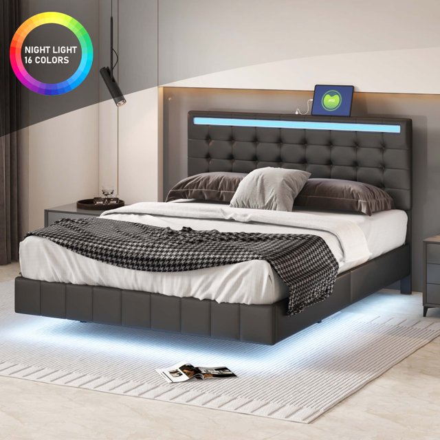 Aukfa Upholstered LED Bed, Queen Platform Bed with LED Lights and USB