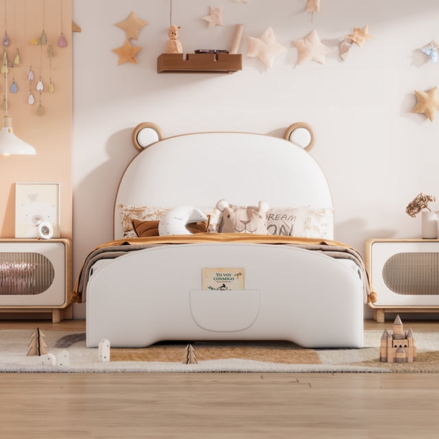 Twin Size Upholstered Platform Bed with Bear Shaped Headboard, LED Light Strips, White + Brown