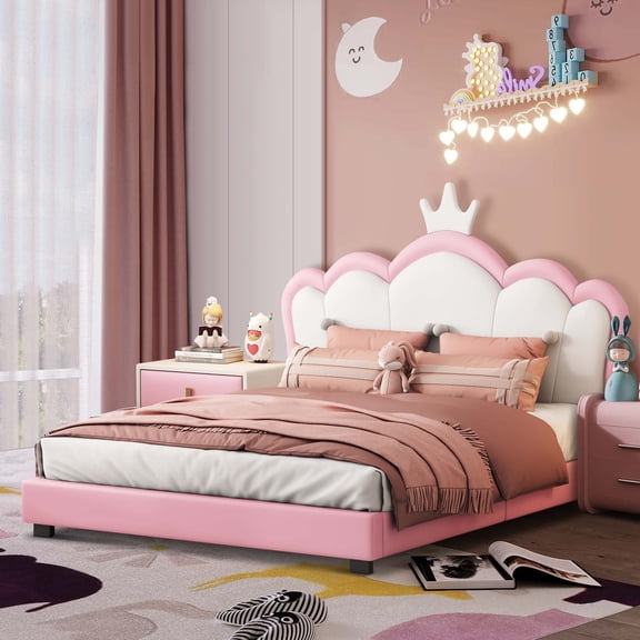 Aukfa Upholstered Platform Bed with Princess Crown Headboard, PU Full Size Bed Frame - White/Pink