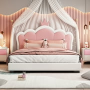Aukfa Upholstered Platform Bed with Princess Crown Headboard, PU Full Size Bed Frame for Kids - Pink