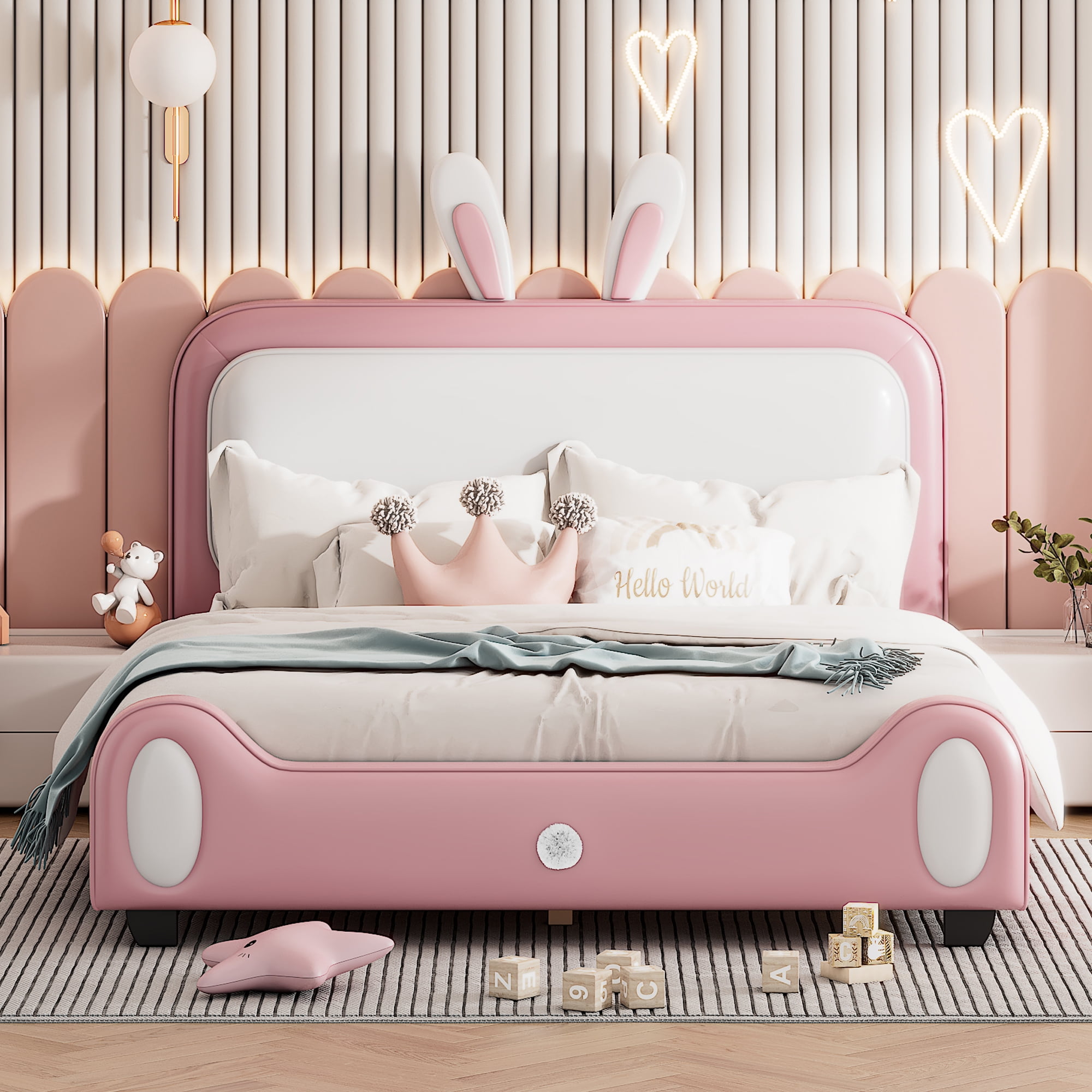 Aukfa Upholstered Platform Bed with Rabbit-Shape Headboard and Footboard, Full Size Princess Bed for Kids - White