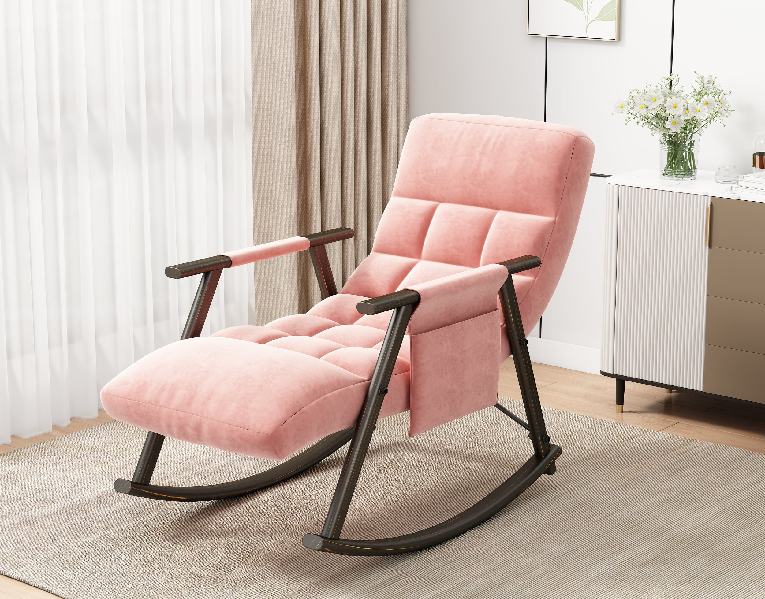 Aukfa Upholstered Rocking Chair, Lounge Chair w/ Adjustable Back & Foot Rest,GrayAdjustable Pink