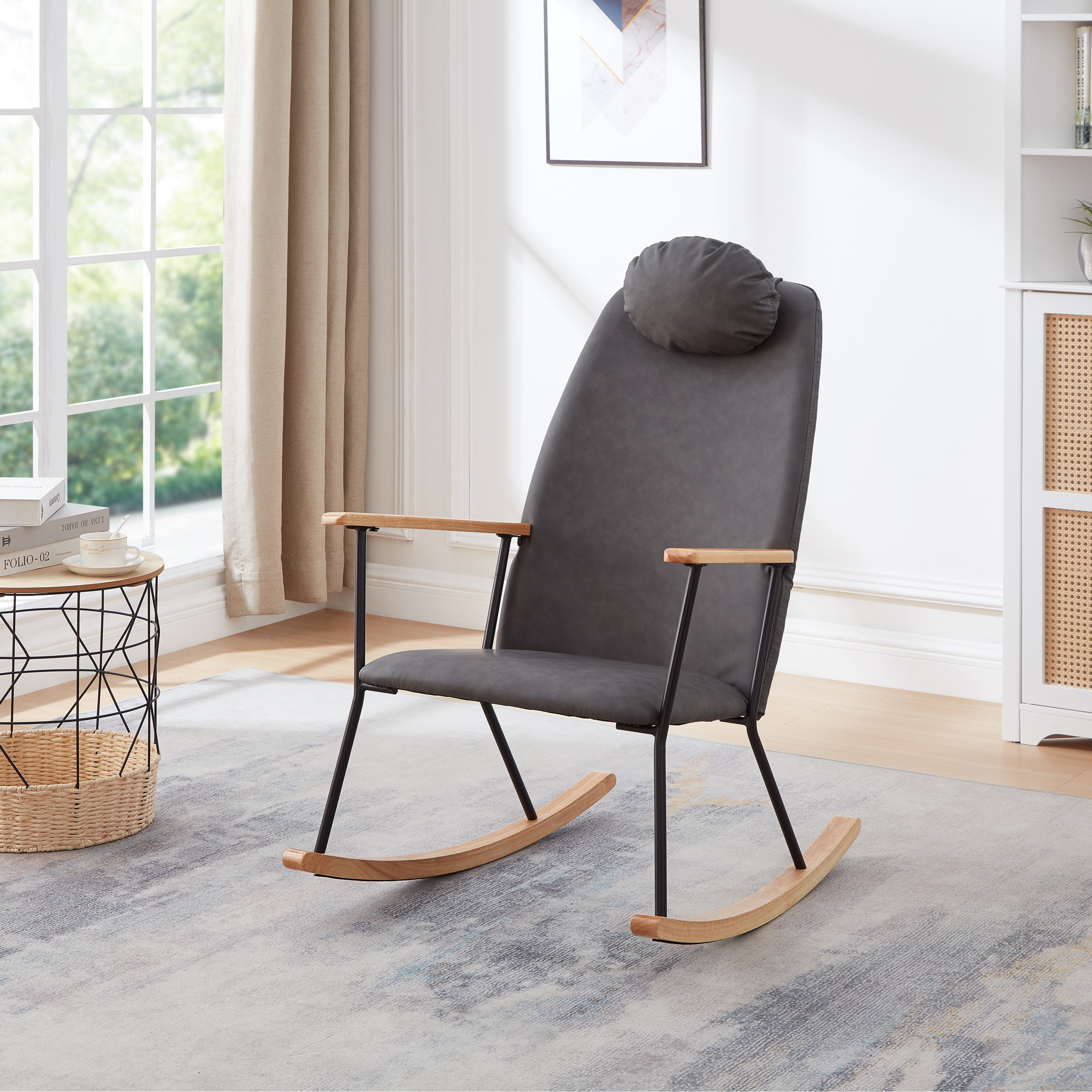 Aukfa Upholstered Rocking Chair, Teddy Armchair Comfy Side Chair, Adjustable Headrest Pillow,Gray