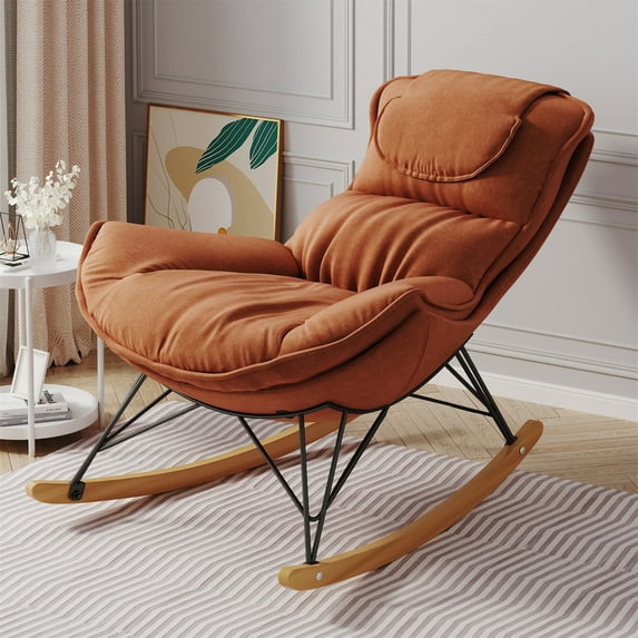 Aukfa Upholstered Rocking Chaise Lounge Chair for Home Office, Velvet, Brown