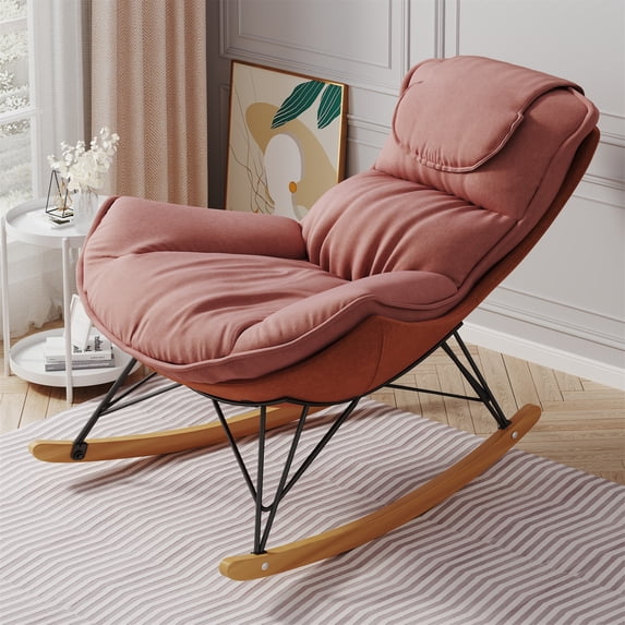 Aukfa Upholstered Rocking Chaise Lounge Chair for Home Office, Velvet, Pink