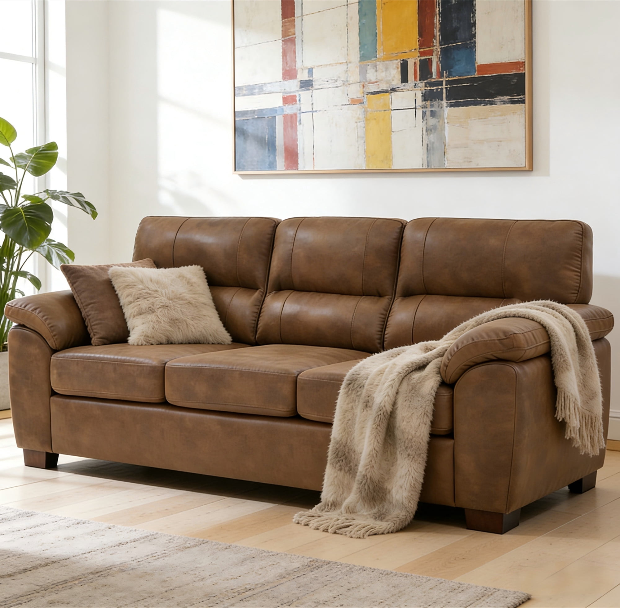 Aukfa 81" Vintage Sofa Overstuffed 3 Seat Sofa Couch for Living Room Bedroom, Foil Fabric, Brown