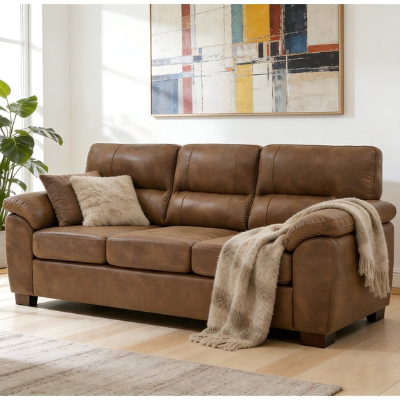 Aukfa 81" Vintage Faux Leather Sofa 3 Seat Couch Overstuffed Sofa for Living Room Bedroom, Brown
