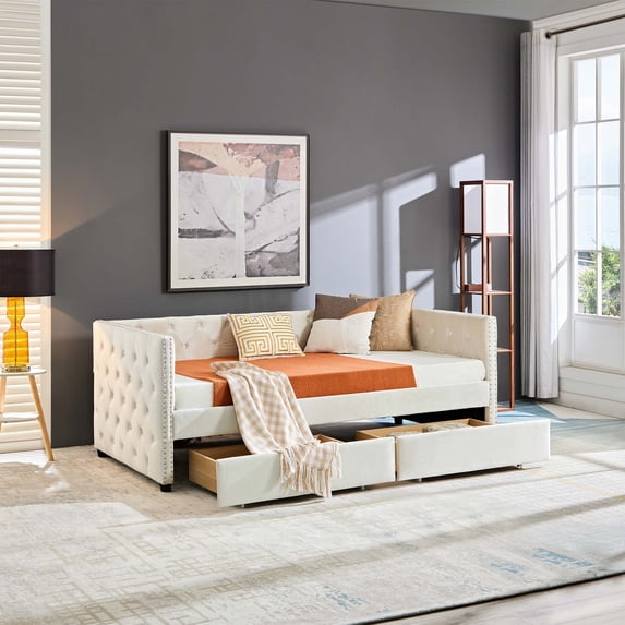 Aukfa Upholstered Twin Daybed with Storage Drawers, Bed Frame with Button Tufted and Nailhead Trim - Beige
