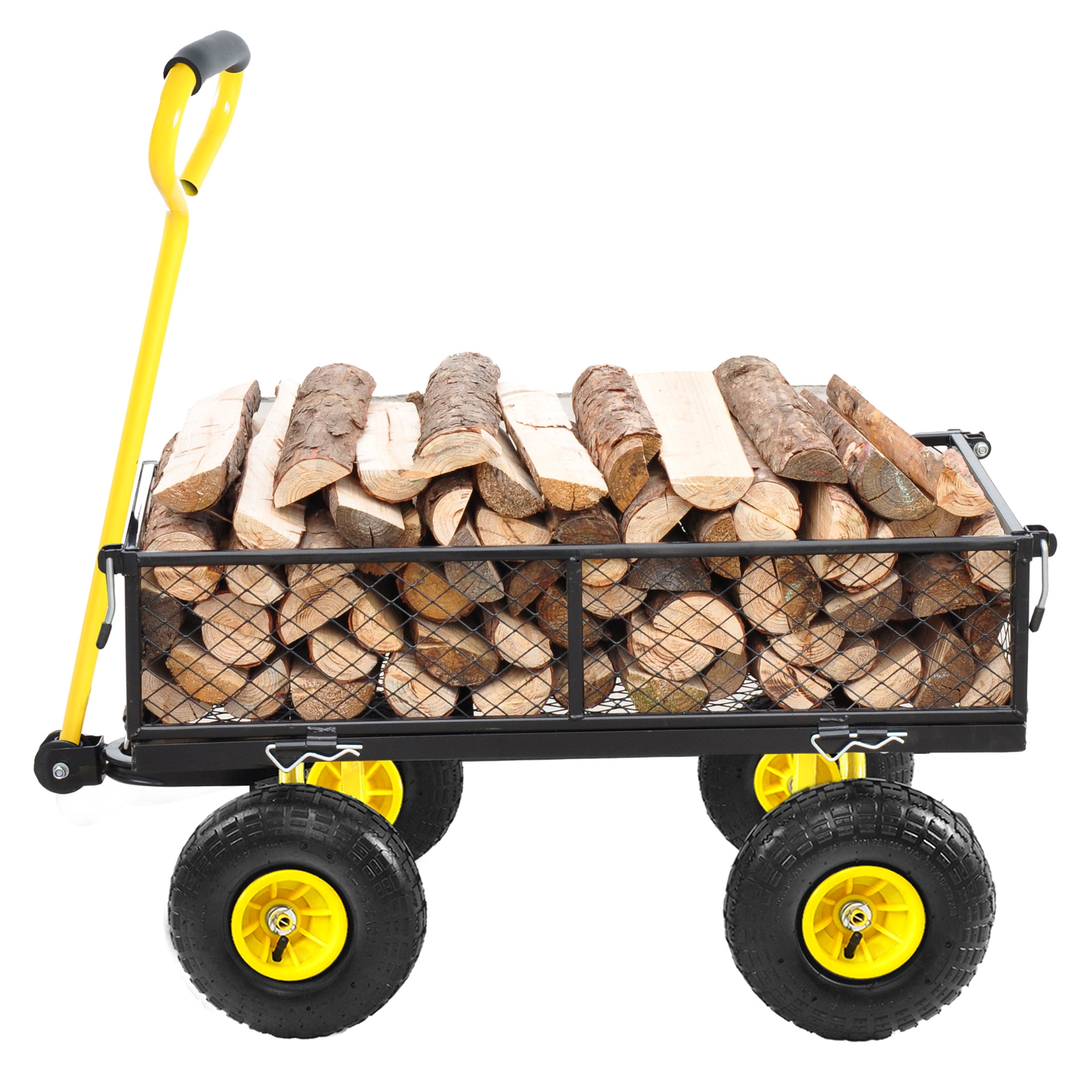 Aukfa Utility Garden Cart, Heavy Duty Metal Wagon Cart with Rotating Handle, Removable Sides/10" Wheels for Outdoor Hauling/Gardening, Yellow