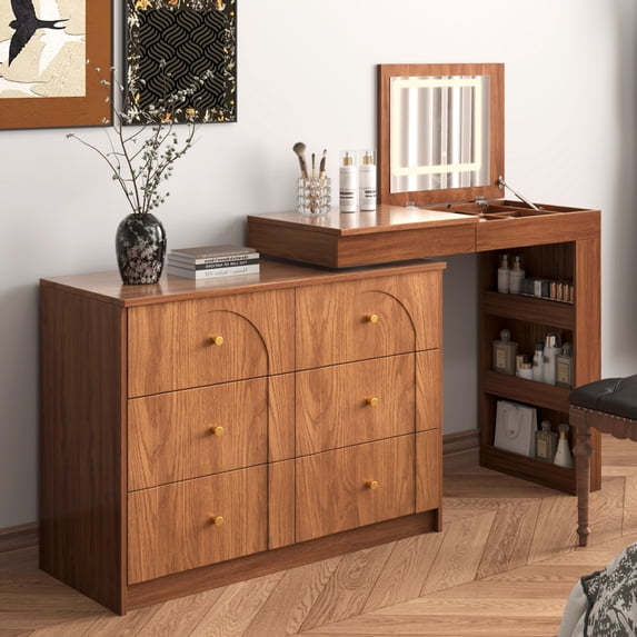 Aukfa Vanity Desk with Mirror,Flip-Top Tabletop & 7 Drawers, Corner Vanity Set, Walnut